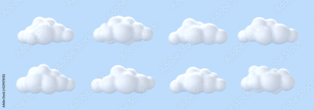 3D white clouds isolated on blue background. Cartoon cloud icons set. Vector 3d illustration