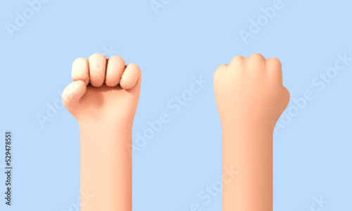 3D cartoon hand fist raised up isolated on blue background. Revolution and protest concept. Strength icon. Vector 3d illustration.