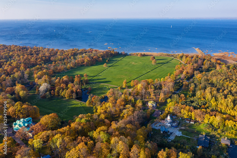 Peterhof, the seacoast of the Alexandria Park in autumn. Aerial view.