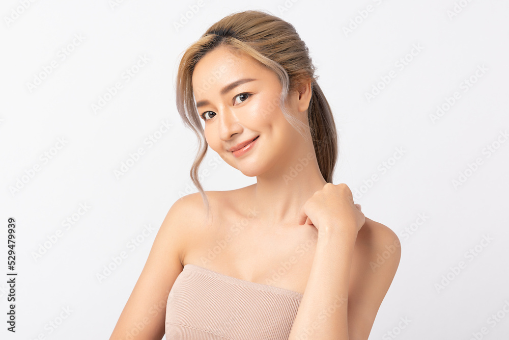 Happy beautiful young asian woman clean fresh bare skin concept. Asian girl beauty face skincare and health wellness, Facial treatment, Perfect skin, Natural make up. Isolated on white background. Happy beautiful young asian woman clean fresh bare skin concept. Asian girl beauty face skincare and health wellness, Facial treatment, Perfect skin, Natural make up. Isolated on white background.