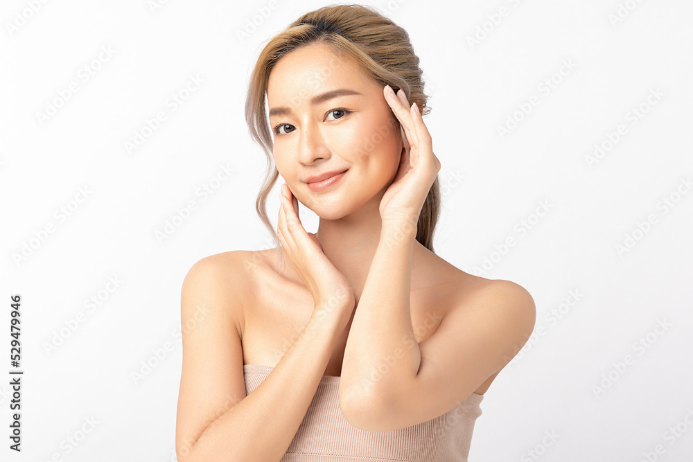 Bbeautiful young asian woman clean fresh bare skin concept. Asian girl beauty face skincare and health wellness hold hand under chin, Facial treatment, Natural make up. Isolated on white background. Bbeautiful young asian woman clean fresh bare skin concept. Asian girl beauty face skincare and health wellness hold hand under chin, Facial treatment, Natural make up. Isolated on white background.