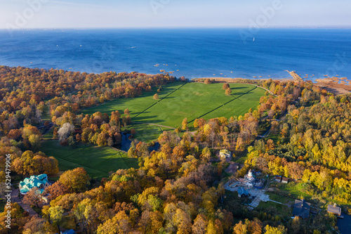 Peterhof, the seacoast of the Alexandria Park in autumn. Aerial view.