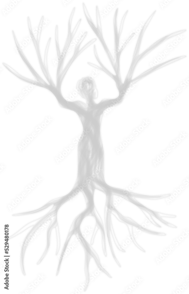 A bare, leafless tree with a white trunk in the shape of a human body. Tree of life with branches and roots filled with energy