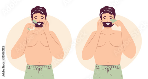 Skin care routine concept set. Happy handsome bearded man doing lymphatic face massage with face roller and jade face gua sha stone scraper, , enjoying skincare procedure. Men hygiene