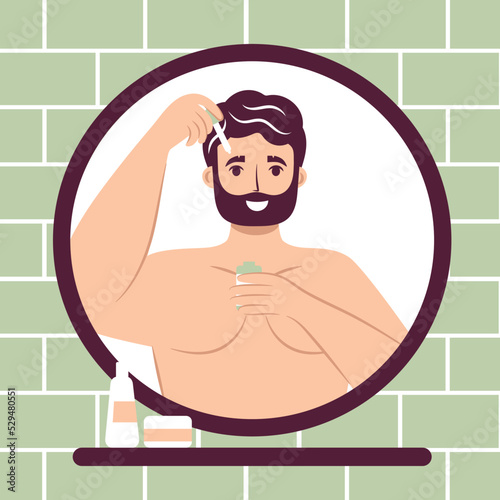 Skincare routine concept. Close up mirror reflection happy young man applying serum to his face with a dropper Serum Treatment, handsome bearded male enjoying skincare procedure. Men hygiene