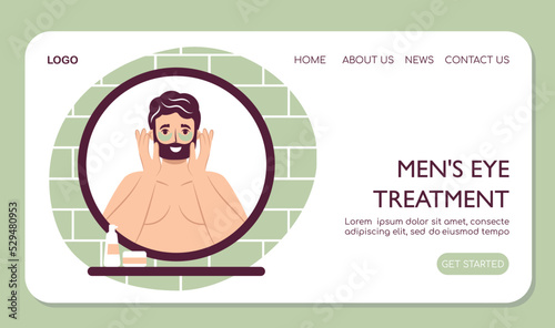 Webpage landing Skin care routine concept. Happy young man use apply under eye anti-wrinkle patches, handsome bearded male enjoying skincare procedure. Men hygiene