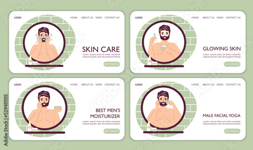 Web page landing Skin care routine concept set Men hygiene for online store. Handsome bearded man washing, doing face cleaning hygiene, using cream, patches, face mask cosmetics doing face massage. 