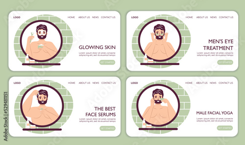 Web page landing Skin care routine concept set Men hygiene for online store. Handsome bearded man washing, doing face cleaning hygiene, using cream, patches, face mask cosmetics doing face massage. 