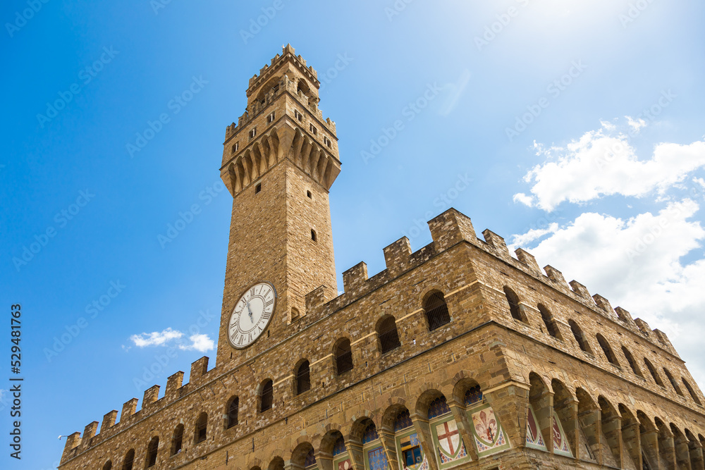 Florence, Italy. The Old Palace tower - named Palazzo Vecchio - with blue sky. Copy space, nobody.