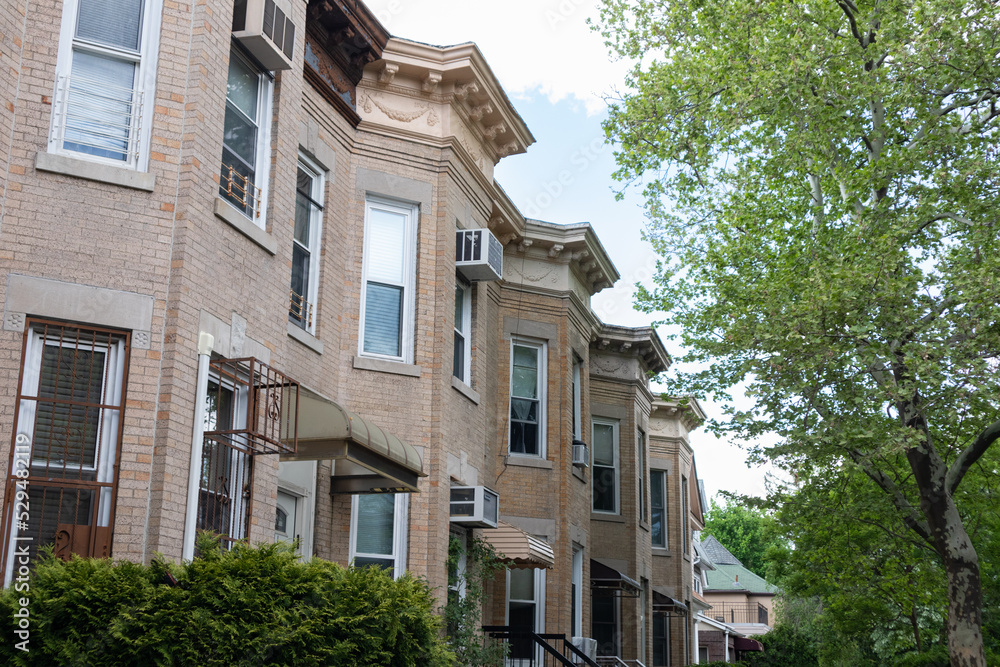 Fototapeta premium Row of Beautiful Neighborhood Brownstone Homes in Midwood Brooklyn of New York City