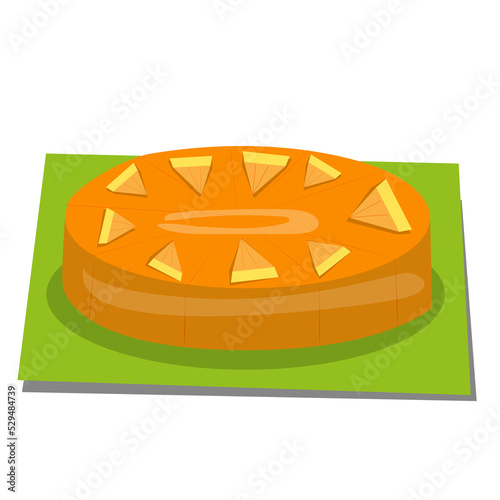 Cake vector illustration, orange flavor, with orange fruit on top. put on green paper on a gray background