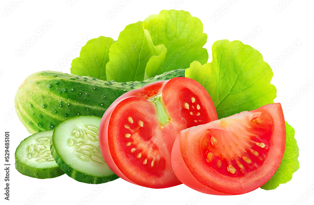 Fresh salad vegetables (cucumber, tomato and lettuce) cut out - obrazy, fototapety, plakaty 