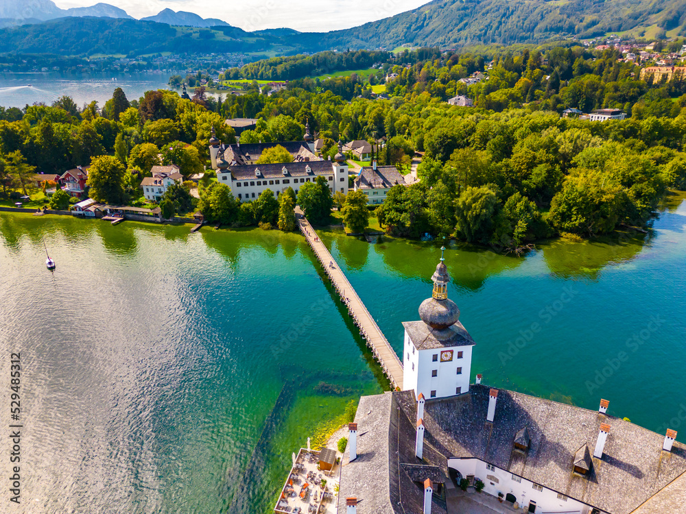 Schloss Ort (or Schloss Orth) is an Austrian castle situated in the Traunsee lake, in Gmunden. Aerial drone view.