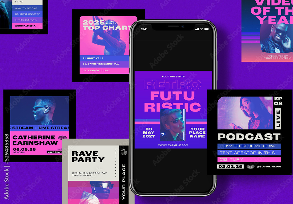 Retro Futuristic Instagram Post Stock Template | Adobe Stock