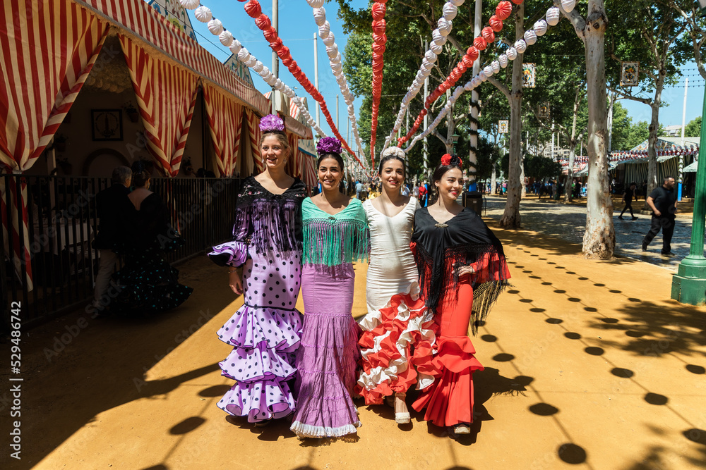 Graceful ethnic women in flamenco dresses in city street