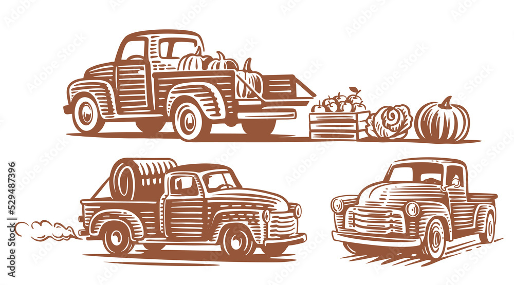 Retro pickup truck vector set. Hand Drawn Stock Vector | Adobe Stock