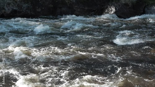 Beautiful Powerful Torrent of a Stormy Mountain River. Flash Flood River. Rushes River Raging Fast Flowing Water. Natural Disasters Stormy Turbid Water Flo.