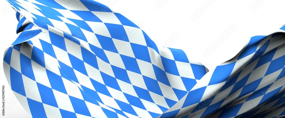 Highly detailed flag of Bavaria waving in the wind. Light blue sky is shining through the fabric texture. Highly detailed flag of Bavaria waving in the wind. Light blue sky is shining through the fabric texture.
