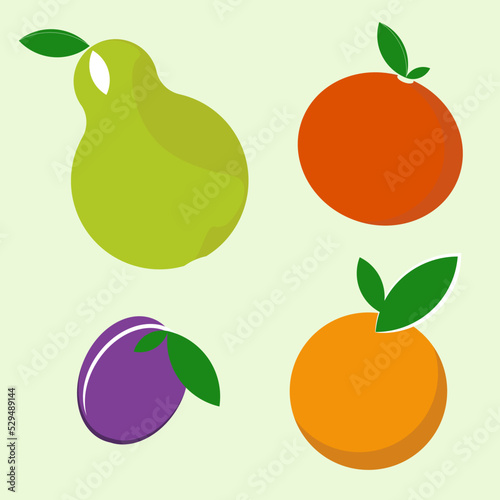 Orange, plum, tangerine and pear. Vecor isolated Illustration
