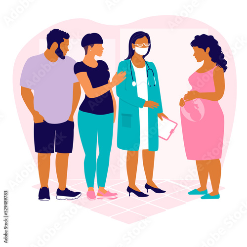The child s parents and the surrogate mother at the doctor s appointment. Obstetrician gynecologist checks the health of the child and mother. Prenatal check in the clinic