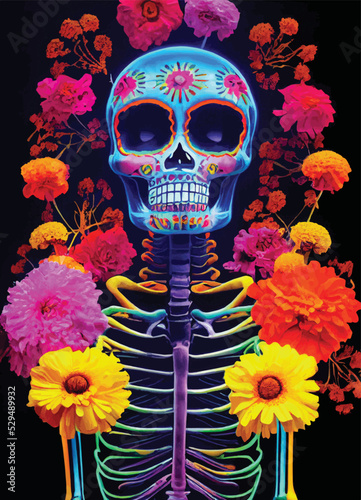 A creepy colourful portrait of a colourful skull for "dia de los muertos", "Day of the dead". Neon colours. Halloween poster, invitation card idea. 