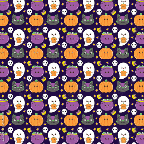 Happy halloween seamless pattern background set. Hand drawn pattern for Halloween design. Happy Halloween seamless pattern. Patterns in Flat style. Bright cartoon pattern for Halloween. 