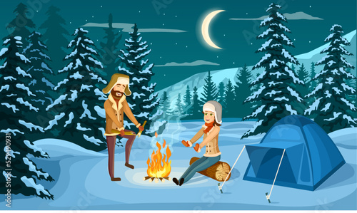 Tourist camp in winter forest at night vector illustration. People sitting near campfire and tourist tent on snowy meadow. Camping and hiking, winter adventure, nature landscape in cartoon style