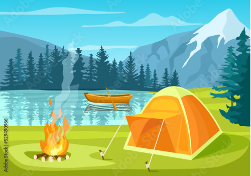 Summer tourist camp in forest near lake vector illustration. Campfire and tourist tent on river bank. Camping and hiking, summer vacation outdoor, adventure travel, mountain landscape in cartoon style