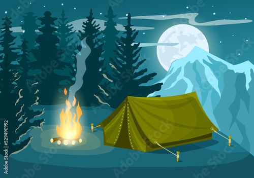Tourist camp in winter forest at night vector illustration. Campfire and tourist tent on snowy meadow. Camping and hiking concept, winter adventure, natural mountain landscape in cartoon style.