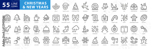 Christmas line web 55 icons set on white background
