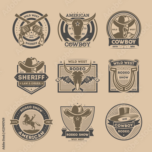 Cowboy vintage label set isolated vector illustration. American rodeo show badge and wild west sheriff department emblem in monochrome style. Authentic cowboy show advertising element collection.