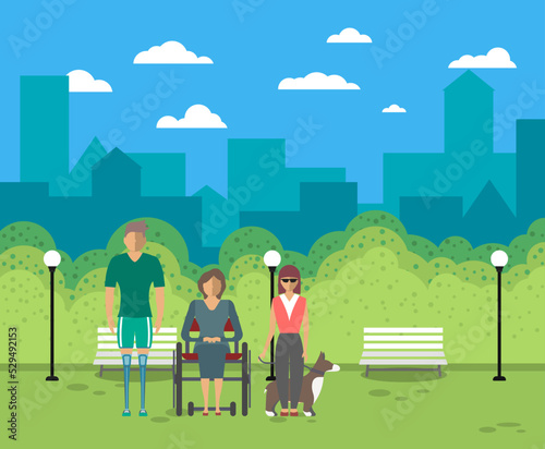 Disabled people in city life vector illustration. Young woman on wheelchair, disabled man with prosthetic legs, blind girl with service dog in park. Healthcare assistance and accessibility concept