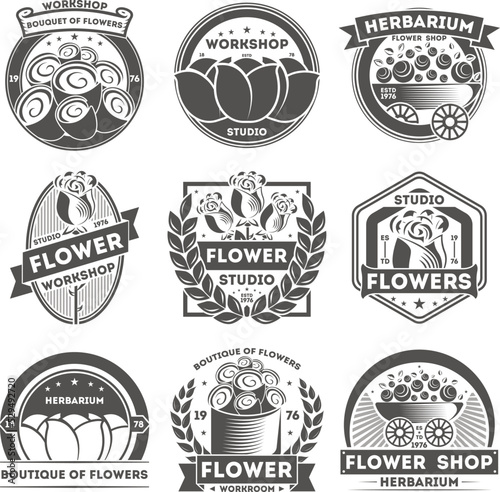 Flower studio vintage label set isolated vector illustration. Herbarium badge, floral workshop logo, boutique of flowers emblem. Florist business advertising element collection in monochrome style.