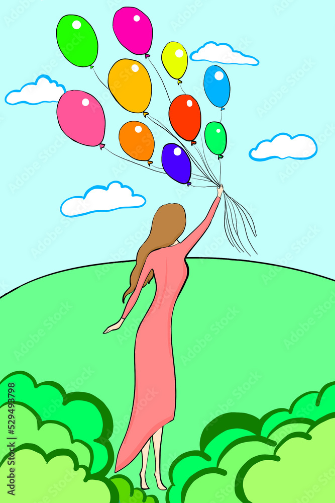 girl with balloons standing with her back