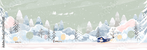 Winter landscape with snowing covering forest pine tree and mountains, Panoramic Winter wonderland with farm house in village,Vector Horizontal banner for Christmas holiday or New year 2023 background
