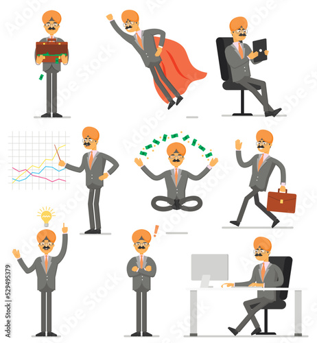 Indian businessman character set isolated vector illustration. Office working, idea generation, presentation, meditate, flying. Man in business suit and turban in different gestures, poses and actions