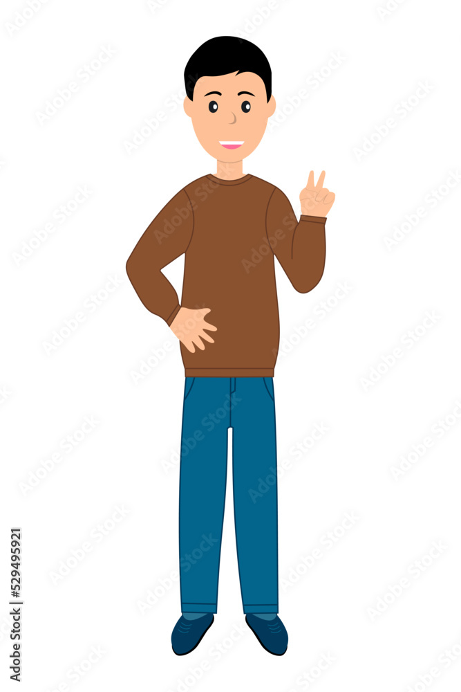 Stylish young man showing victory gesture, peace sign. Trendy person making victory, winner or two gesture with fingers. A sign of success and peace. Male character design illustration. 