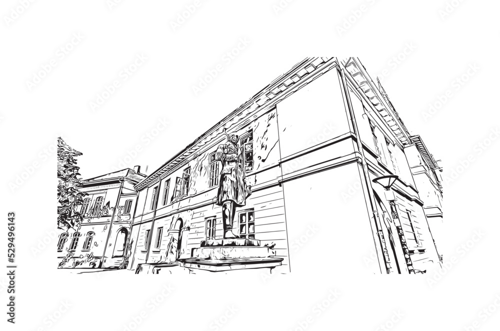 Building view with landmark of Oldenburg is a city in northwest Germany. Hand drawn sketch illustration in vector.