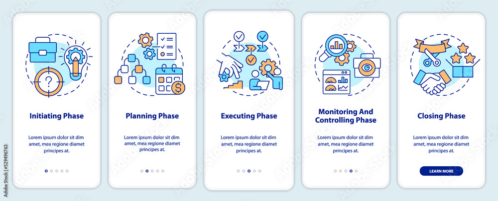 Phases of project management onboarding mobile app screen. Business walkthrough 5 steps graphic instructions with linear concepts. UI, UX, GUI template