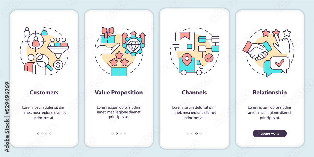 Business model canvas onboarding mobile app screen. Management walkthrough 4 steps graphic instructions with linear concepts. UI, UX, GUI template