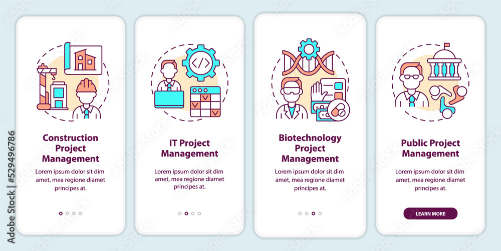 Project management types onboarding mobile app screen. Industries walkthrough 4 steps graphic instructions with linear concepts. UI, UX, GUI template