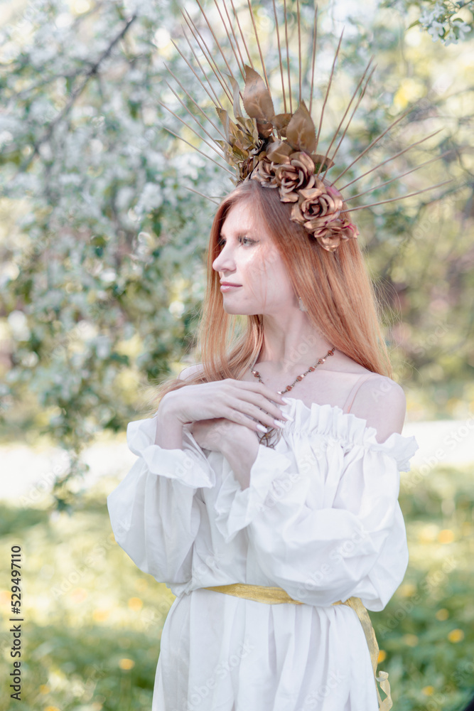 Bride of the sun in white in the apple trees Bride of the sun in white in the apple trees