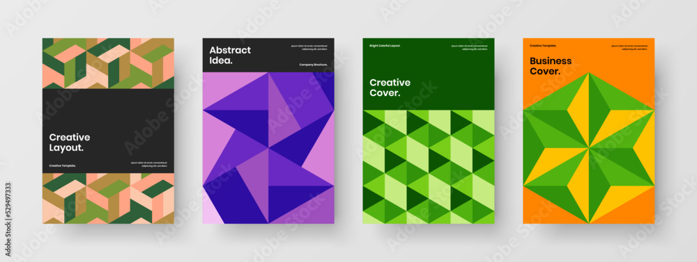 Fresh annual report A4 vector design template collection. Modern geometric tiles placard concept set.