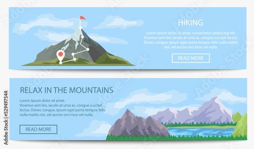 Extreme travel and hiking banner set vector illustration. Nature landscape with ice mountain range. Tourism organization, professional alpinism, mountaineering and outdoor adventure