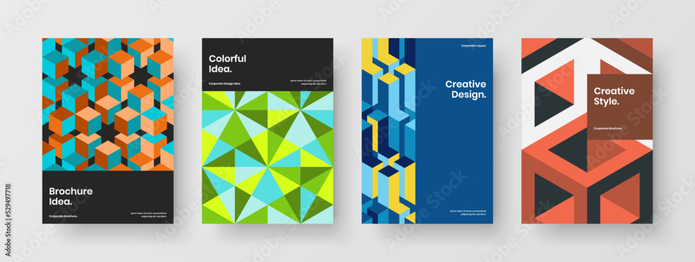 Multicolored geometric hexagons presentation illustration composition. Minimalistic poster vector design concept collection.