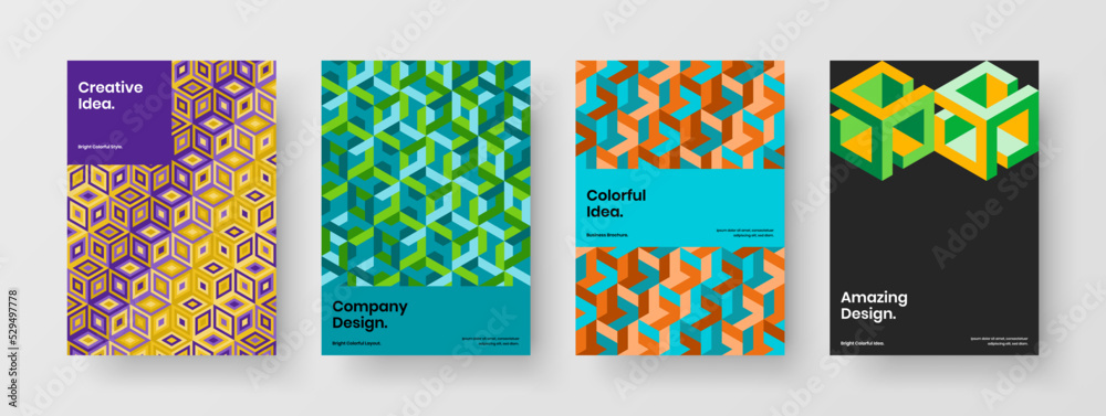 Modern geometric hexagons annual report layout composition. Simple brochure design vector template collection.