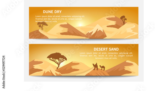 Desert sand landscape banner set vector illustration. Blue sky and yellow sand dunes, dry desert mountain sandstone under sun backdrop. Outdoor adventure, nature travel and tourism background.
