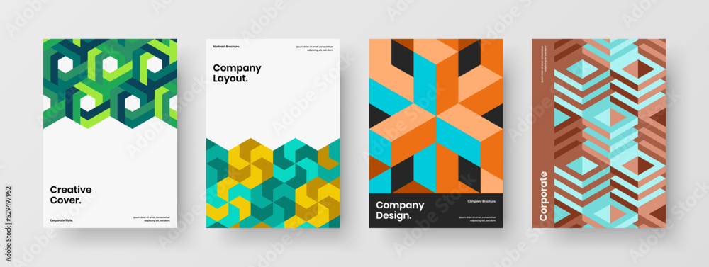 Modern geometric pattern company brochure concept composition. Fresh cover vector design illustration set.