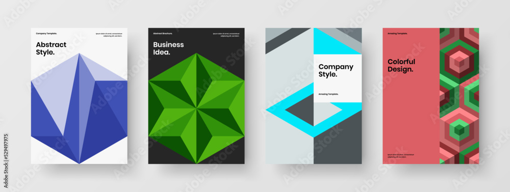 Trendy geometric hexagons presentation template set. Abstract corporate identity A4 vector design illustration bundle.