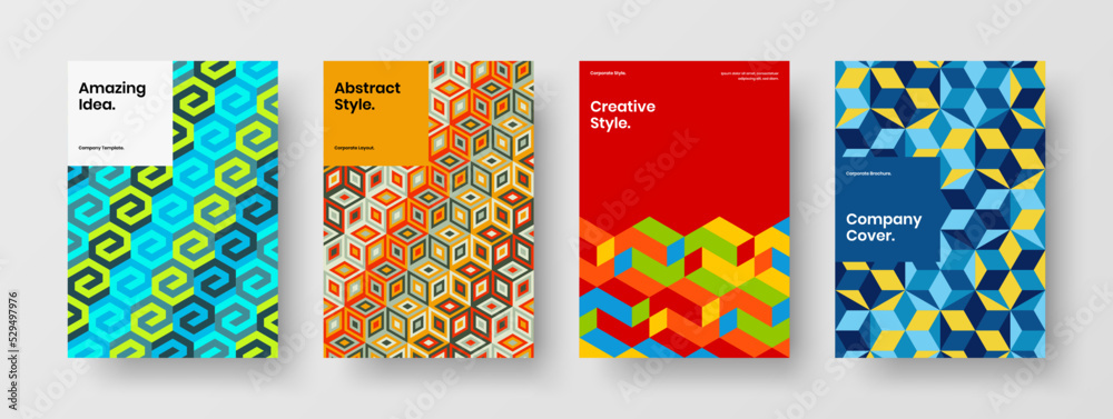 Fototapeta premium Amazing mosaic tiles journal cover template set. Abstract corporate brochure A4 design vector illustration collection.